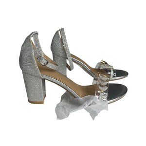 Silver Glitter & Rhinestone Sandals Block Heel 3 Inch Ankle Strap 7.5 New